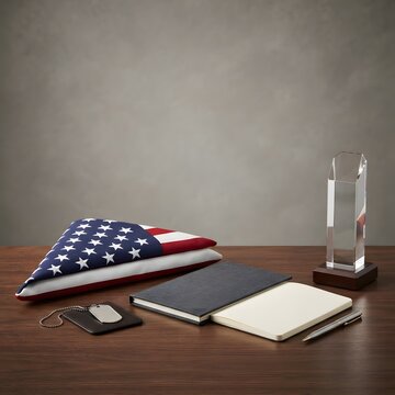 Folded american flag with notebooks and a glass award on a wooden desk against a grey background
