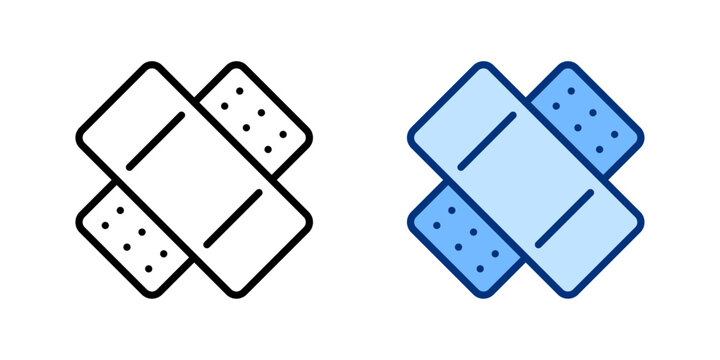 Bandage thin line, filled icon set. Healthcare, Medical Care, Medicine, Hospital, Treatment, Clinic concept. Blue, black outline vector plaster icons.