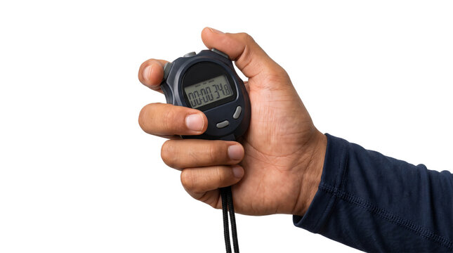 Digital stopwatch with a black lanyard and multiple buttons held firmly by a hand displaying an active running time as an isolated PNG with transparent background