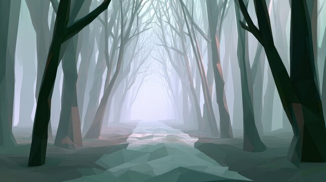 A crystalline path winds through a forest surrounded by angular trees and fog, creating a unique low poly scene.