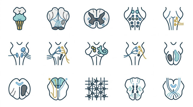 Brainstem and Spinal Cord Cross Section Anatomy Icon Set.