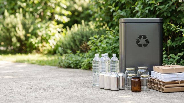 Recycling Bin with Sorted Household Waste Bottles Cans and Paper Outdoors in a Garden Setting for Sustainable Environmental Waste Management
