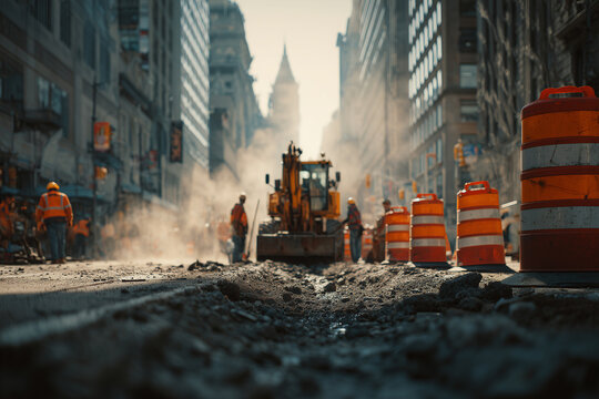 Urban road construction with excavator and orange traffic barrels