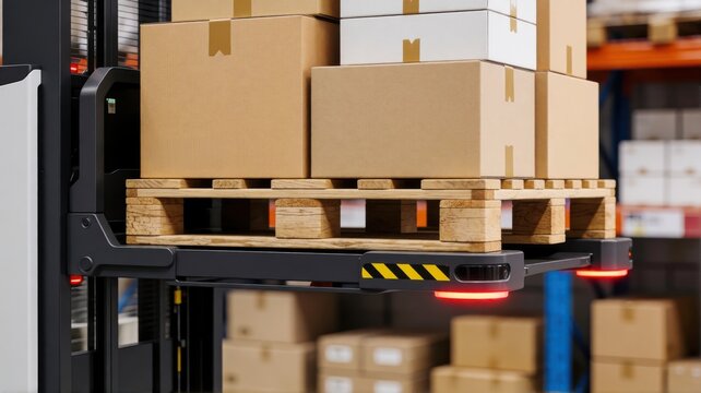 An automated forklift carries a wooden pallet loaded with several brown and white cardboard boxes.