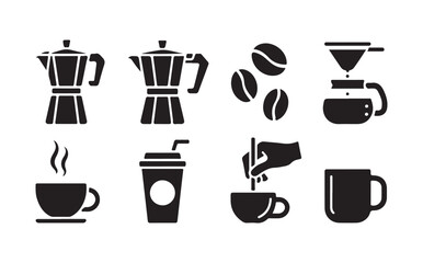 Obraz premium Set of coffee icons with moka pots brewing tools and espresso mugs isolated on transparent background for UI.