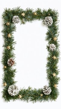 Christmas Fir Branches Frame with Pine Cones and Stars