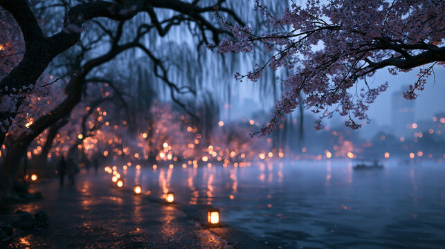 Cherry Blossom Pathway with Lanterns at Night Beside Lake