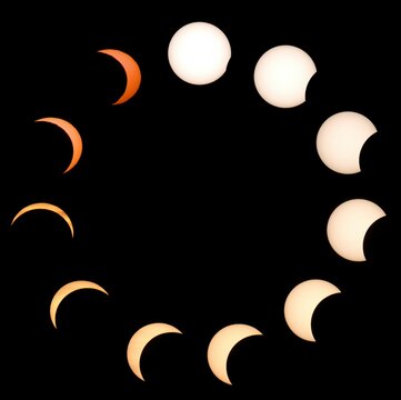 Phases of a solar eclipse arranged in a circular sequence on a solid black background.