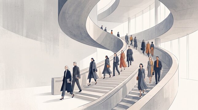 Business Professionals Walking Down Modern Spiral Staircase