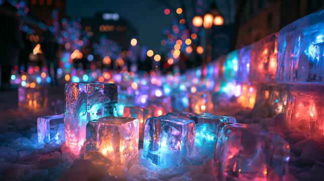 Illuminated Ice Blocks Glowing at Winter Night Festival