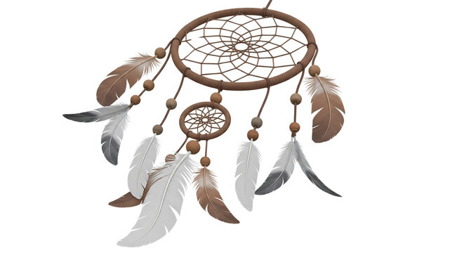 Traditional brown dreamcatcher with feathers isolated on a white background amulet decor