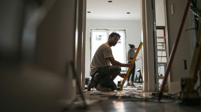 Construction Worker Using Level During Home Renovation