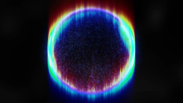 Abstract sci-fi concept featuring a luminous digital orb emitting vibrant neon blue and green matrix data networks.