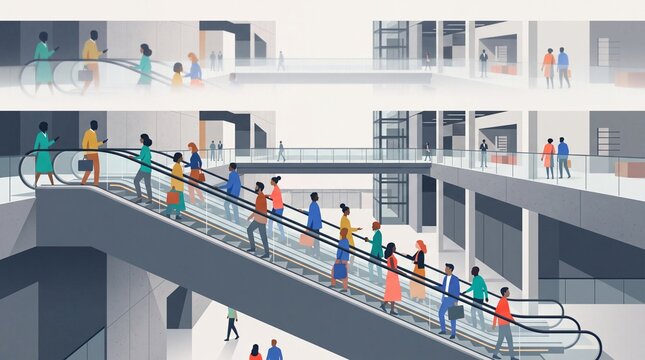 People Riding Escalator in Modern Architectural Building Interior
