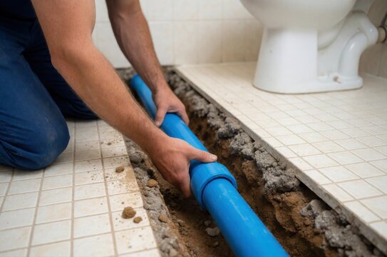 A plumber works on installing blue PVC plumbing pipes inside a trench in a tiled bathroom floor.