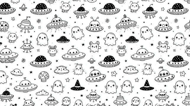 Colorful alien and spaceship patterns on a white background.