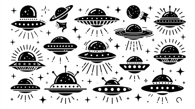 Collection of black and white UFO illustrations with various designs and shapes.