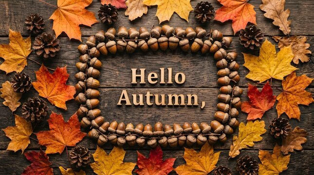 A rustic autumn composition featuring the text hello autumn framed by acorns and colorful fall leaves on a dark wooden surface