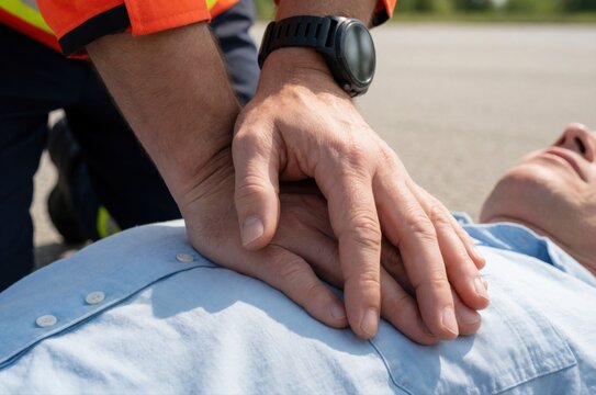 A first responder in an orange uniform performs chest compressions on an unconscious male victim.
