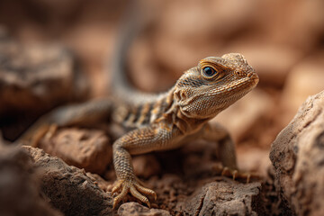 Fototapeta premium Bearded dragon lizard resting on brown rocks in desert habitat