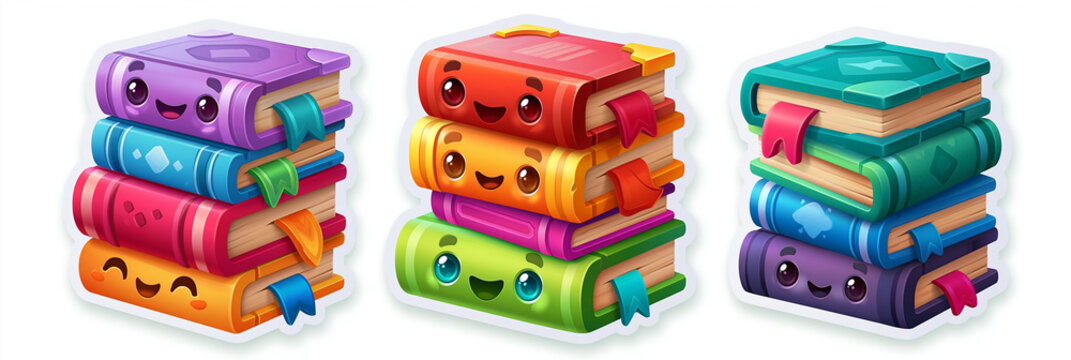 Colorful cartoon books stacked with smiling faces and playful designs.