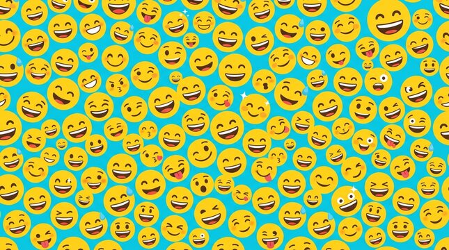 Seamless background pattern with various yellow laughing emojis on teal