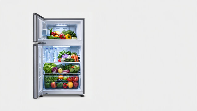 Ge&ouml;ffneter Edelstahlk&uuml;hlschrank mit reichlich frischem Obst und Gem&uuml;se vor wei&szlig;em Hintergrund, realistisch, f&uuml;r Ern&auml;hrungswerbung geeignet.