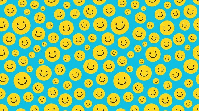 Seamless pattern of yellow smiley faces on a blue background with smiley face