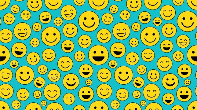 Seamless background pattern of various smiling yellow emoji faces on turquoise