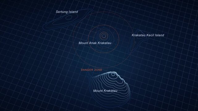 Krakatau Danger Zone Map Animation, Sertung Island, Mount Anak Krakatau Graphic, Volcanic Danger Zone Visualization, Geographical Information Display, Animated Map Elements, Blue and Orange Theme