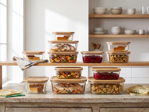 Glass food storage containers with bamboo lids stacked on wooden kitchen table meal prep kitchen organization sustainable storage reusable containers food preservation neat kitchen storage solu