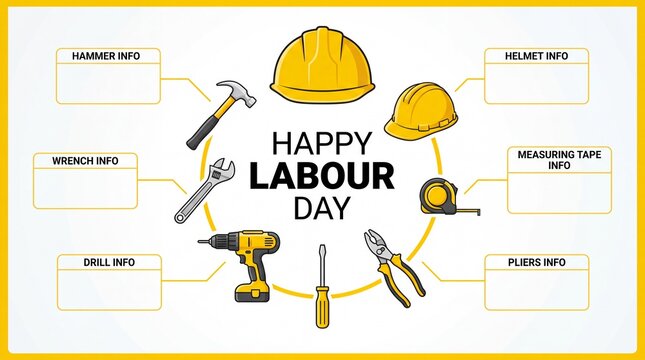 Labour Day infographic banner with construction tools. Yellow hard hats hammer wrench drill pliers and screwdriver with text callout boxes