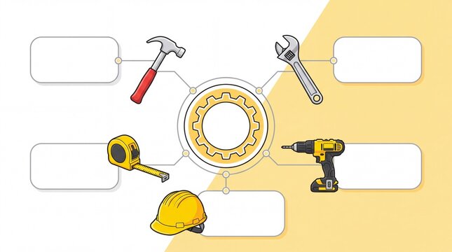 Construction and repair work infographic. Process template with hammer wrench tape measure drill and yellow hard hat. Vector illustration