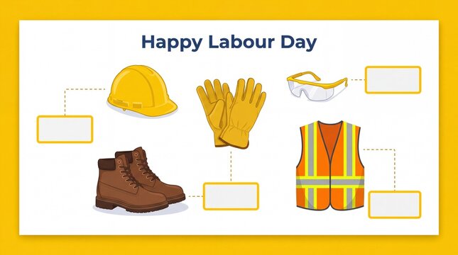 Labour Day safety equipment infographic vector illustration featuring hard hat work boots protective gloves safety glasses and high visibility vest