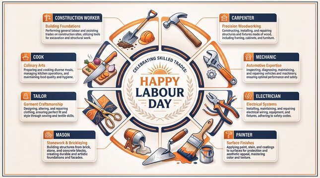 Happy Labour Day infographic vector illustration. Circular chart displaying skilled trades with tools for construction carpentry and culinary arts
