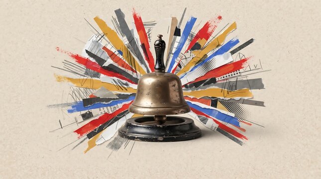 Metallic desk bell with dynamic abstract burst of colorful brushstrokes and paper strips, symbolizing attention, alertness, creativity, and artistic energy in modern visual composition