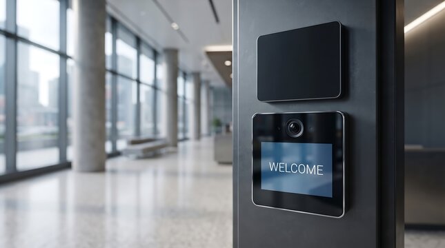 Smart building intercom panel with integrated camera and touch screen displaying welcome text mounted in luxury corporate reception area for security.