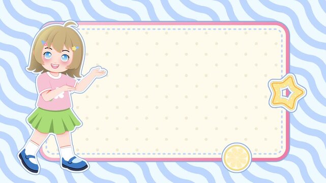 Cute girl presenting a blank template banner with a blue wavy background and a star sticker