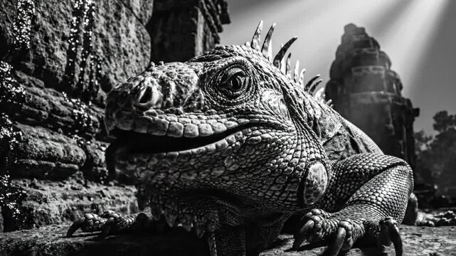 Black and white close up of a large iguana lizard on a rocky surface with an ancient ruined structure background