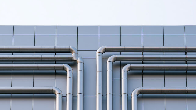 Industrial metal pipes mounted on a modern grey facade creating abstract geometric lines and symmetrical patterns for architectural concepts