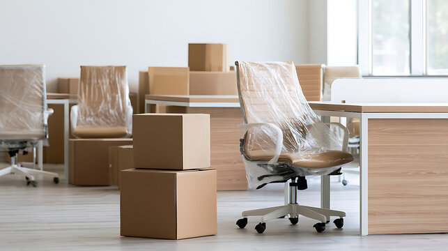 Empty office interior with cardboard boxes and furniture wrapped in plastic film for relocation, corporate moving and new start concept