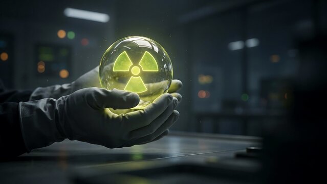 Gloved hand holding radioactive glass orb symbol