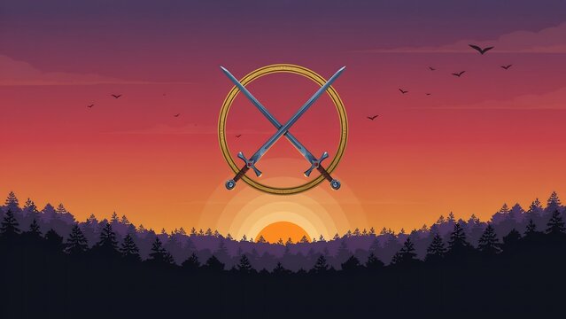 Crossed swords inside golden ring at sunset
