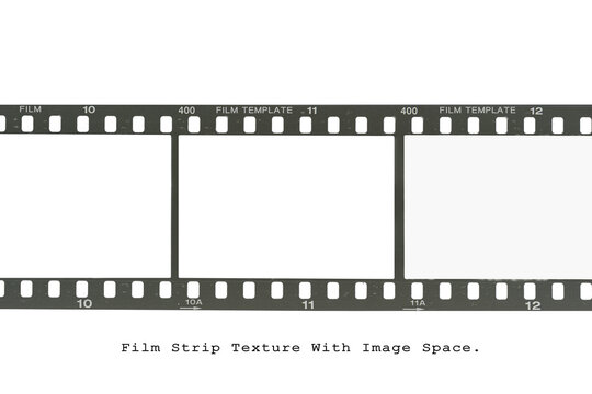 35mm film strip template with blank white frames on white background.