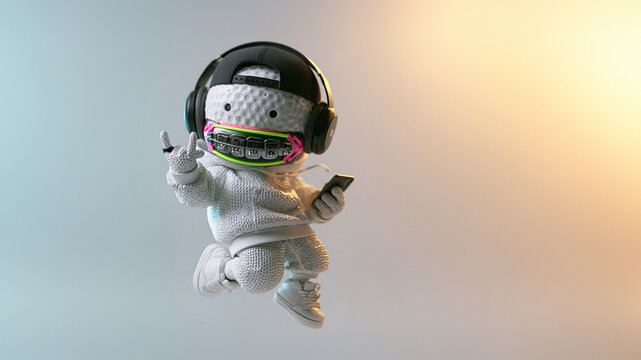 Cooles 3D-M&auml;nnchen mit Zahnspange und Kopfh&ouml;rern in schwebender Pose, bunte Pastellfarben, erinnert an RNB-Werbung, ideal f&uuml;r App- oder Musikmarketing.