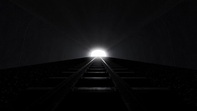 Drive through a dark railroad tunnel toward the end with bright light