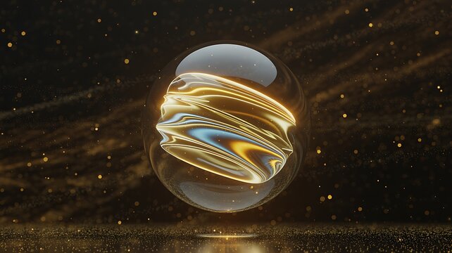 Glowing ethereal golden sphere with abstract luminous energy lines floating in dark space