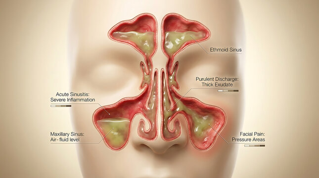 Acute Sinusitis with Severe Sinus Inflammation and Purulent Discharge Causing Facial Pain of Human Sinus Anatomy Maxillary Frontal Ethmoid Sinus