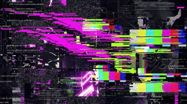 Abstract digital glitch background with pink and purple distortions.