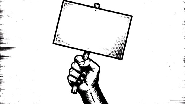 Hand holding blank protest sign, black and white halftone graphic 